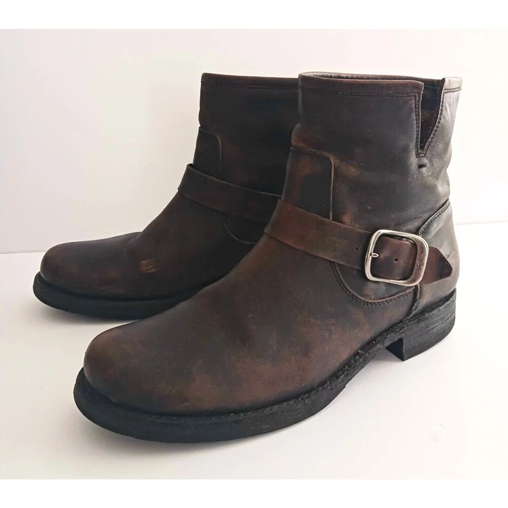 FRYE Veronica Ankle Bootie Dk Brown Distressed Leather Moto Buckle Strap 8.5 - Picture 4 of 14